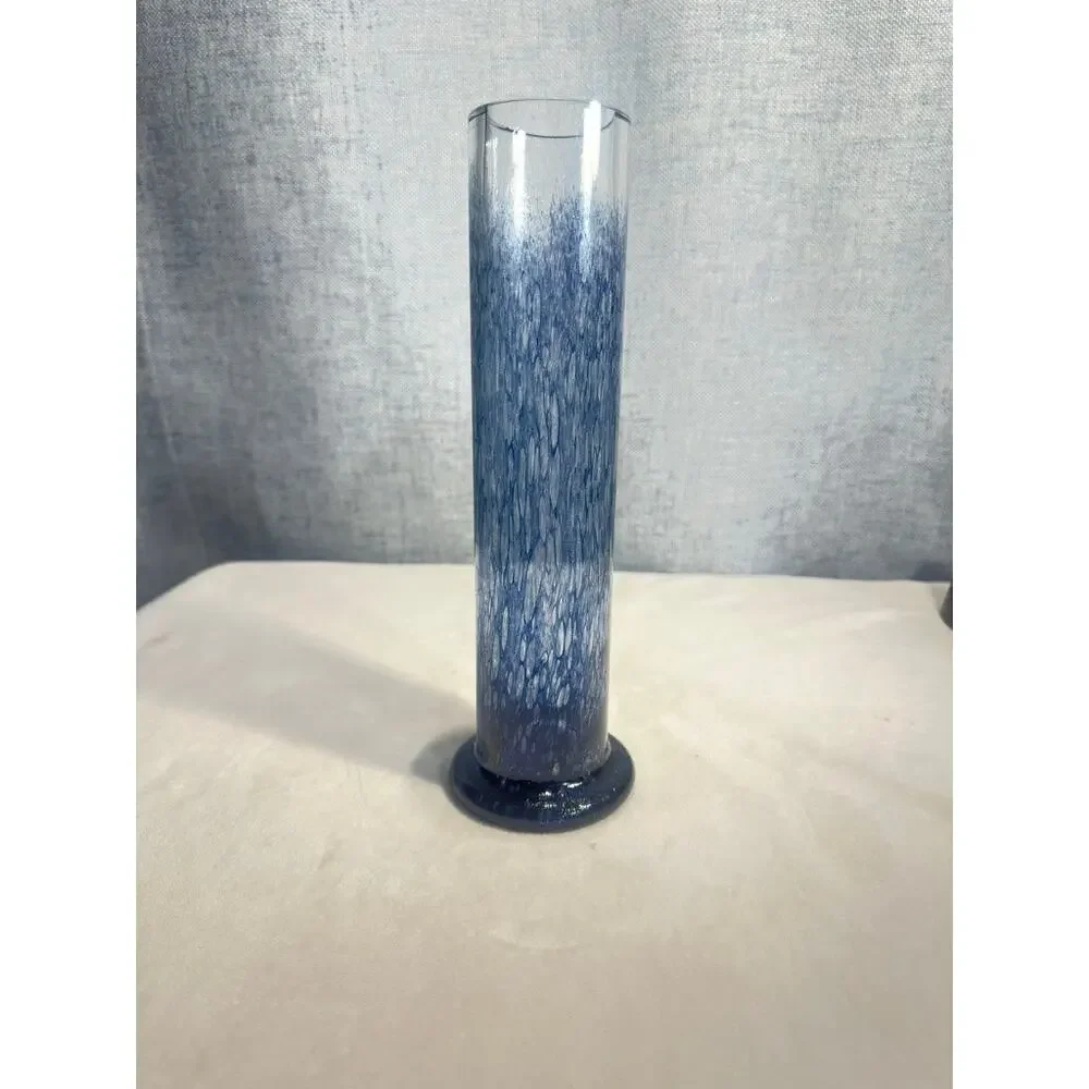 Vtg. MCM Blue Controlled Bubble Art Glass Cylinder Vase 10